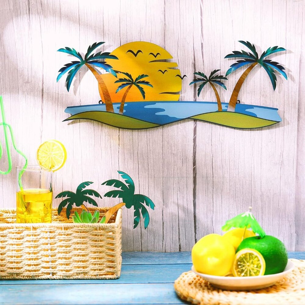 Coastal Palm Tree Metal Wall Art Outdoor Beach Ocean Sunset Palm Trees Waves